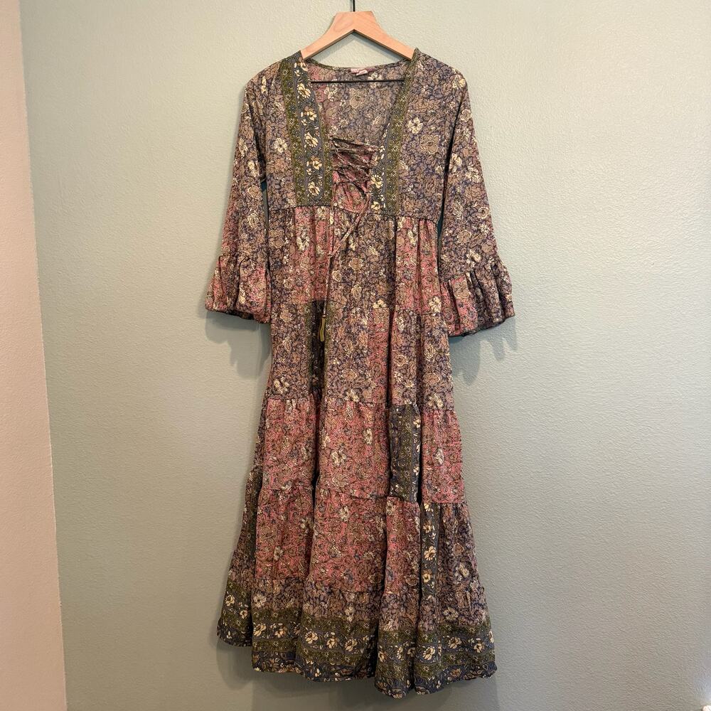 new boemo anthropologie floral patch long sleeve boho maxi dress Medium Petite - Picture 2 of 4